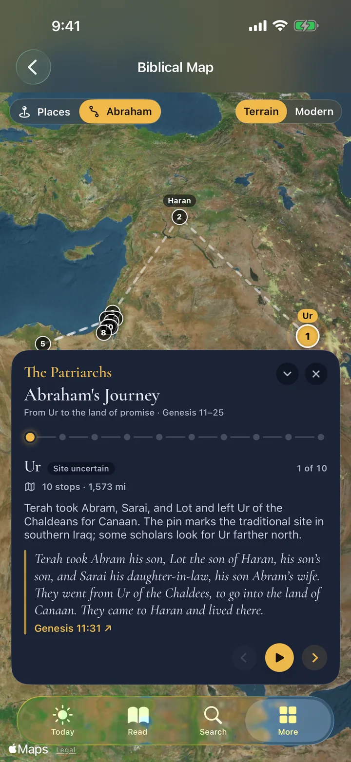 Biblical map with Abraham's Journey open at Ur, showing the route, stop details, and a guided tour player