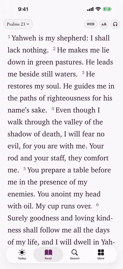 Reader showing Psalm 23 in the Aurora theme