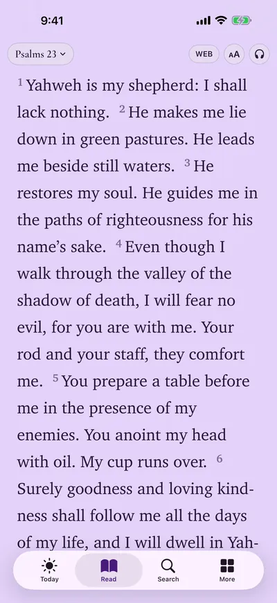 Reader showing Psalm 23 in the Lavender theme