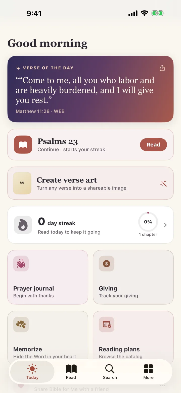 Today screen with verse of the day and reading streak